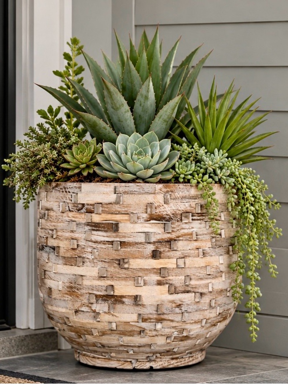 Neutral Woven Texture Wood Planter - White and Tan